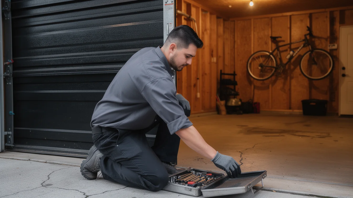 A technician kneels by a black garage door, reaching into a toolbox.