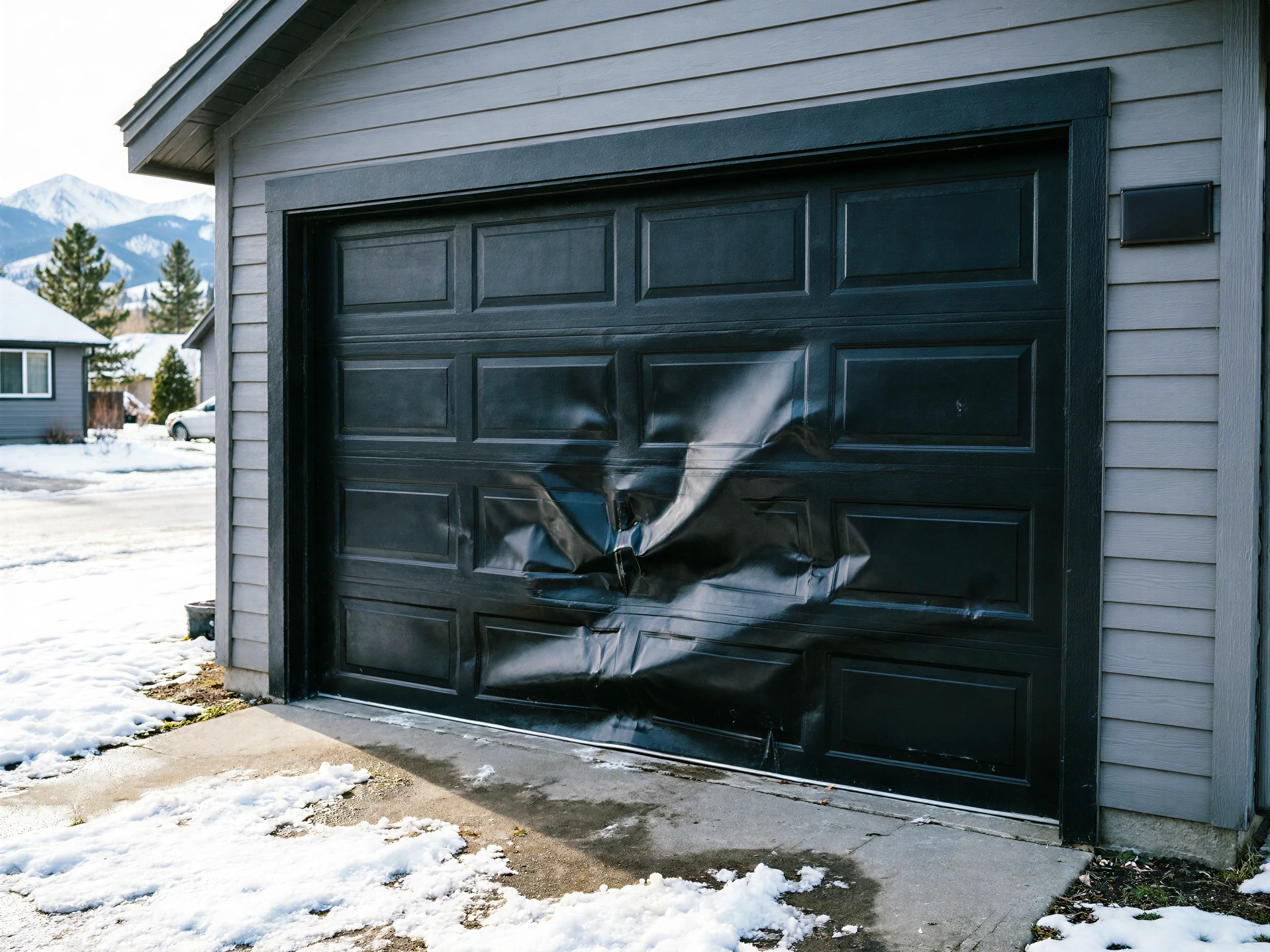 The black garage door is severely dented in the middle.
