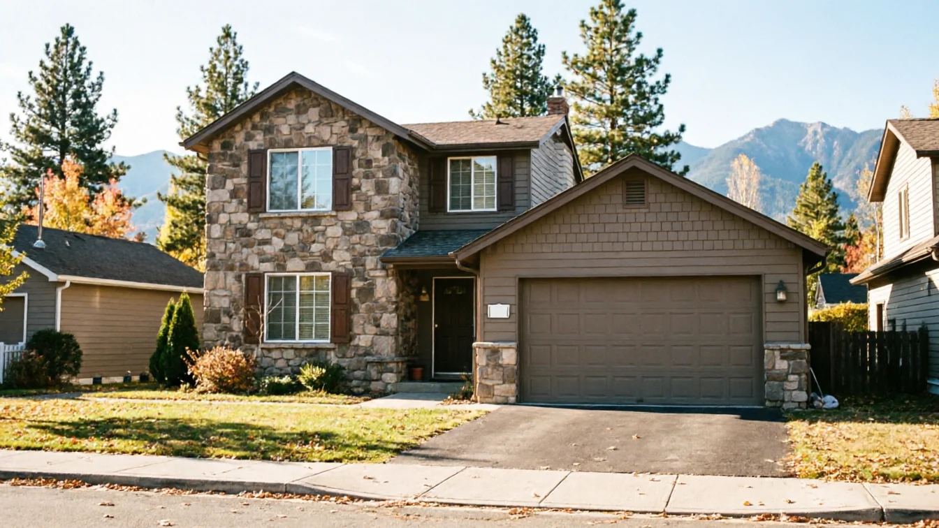 The house has a brown garage door, stone siding, and brown shingles.