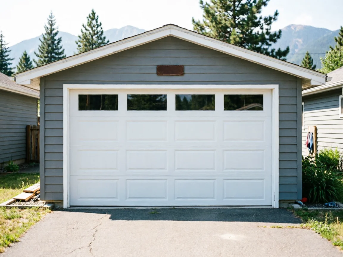 A white garage door with windows is on a gray detached garage.