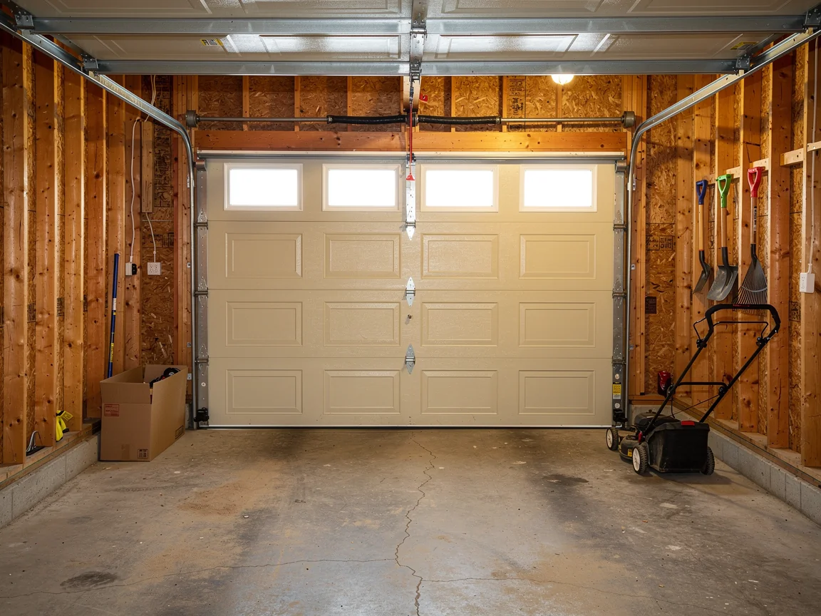 A beige garage door with windows is closed inside a garage with wooden walls.